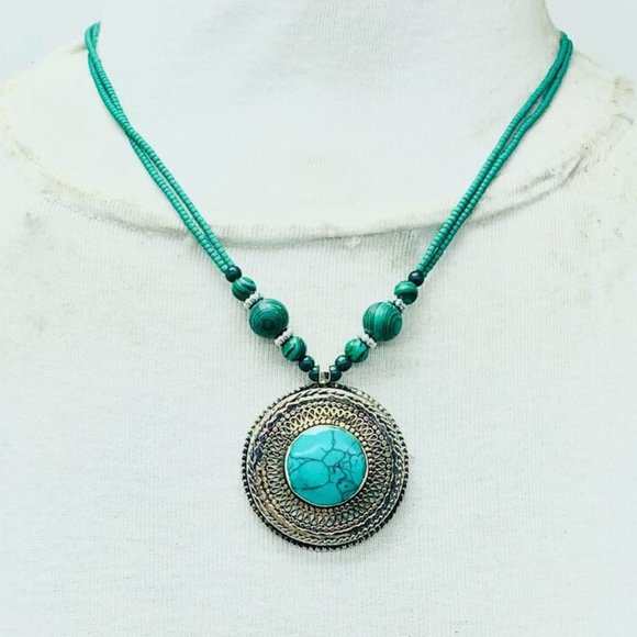 Turquoise Beaded Pendant Necklace, Ethnic Tribal Light Weight Necklace, Chunky - Picture 1 of 9